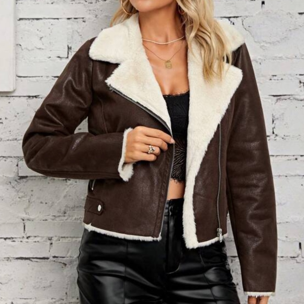 Luxe Vegan Leather Shearling Lined Moto Biker Jacket - Picture 2 of 4
